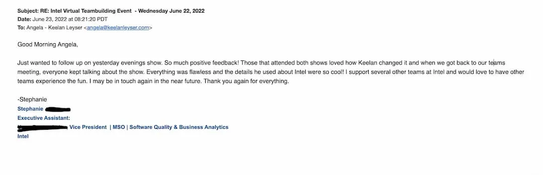 Online Remote Zoom Magician Testimonial Keelan Leyser